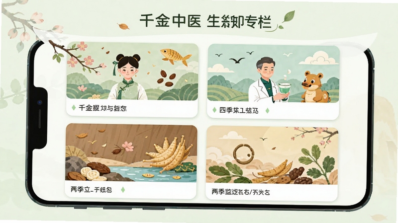 千金中医 养生知识专栏页面 手机展示图文卡片 四季元素 清新绿色调 扁平化设计风格