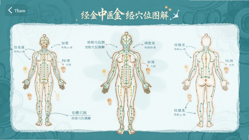 千金中医 经络穴位图解页面 人体经络线条图 手机界面 蓝绿色调 医学教育插画风格