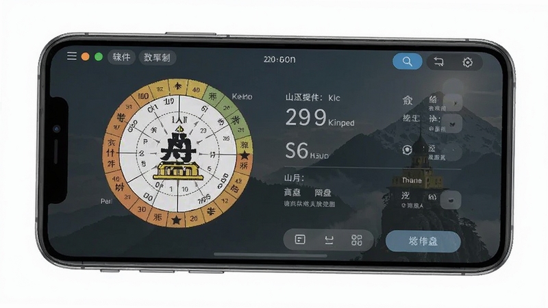 山上人软件排盘界面展示,手机屏幕中呈现清晰的盘面信息与功能按钮,整体风格简洁大方