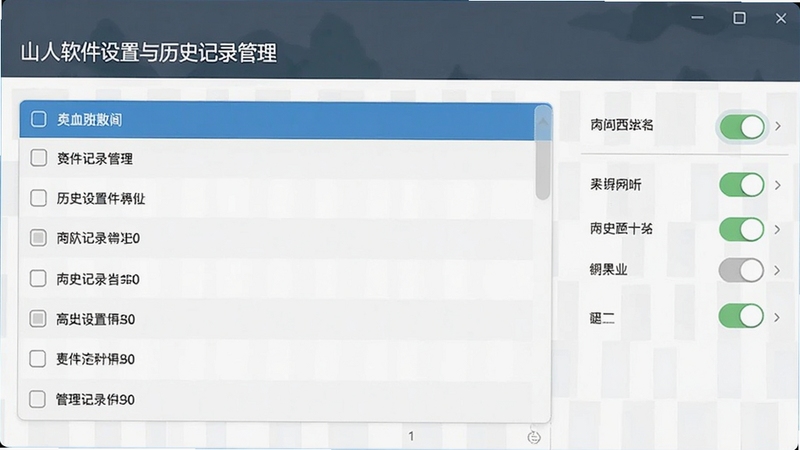 山上人软件设置与历史记录管理界面,展示列表与开关选项,界面干净整洁