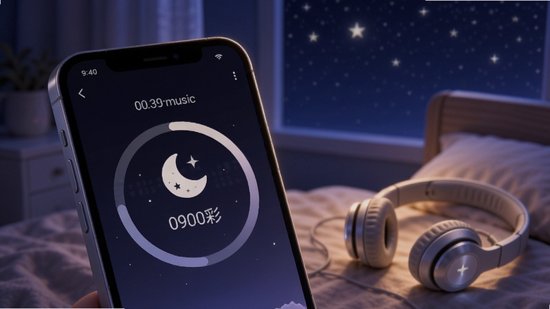 旋彩music 睡眠定时与后台播放功能示意图,画面为夜晚卧室场景中的手机特写,屏幕显示倒计时圆环与月亮图标,旁边有耳机与柔和光晕,背景为深蓝色夜空点缀星光,风格温馨安静