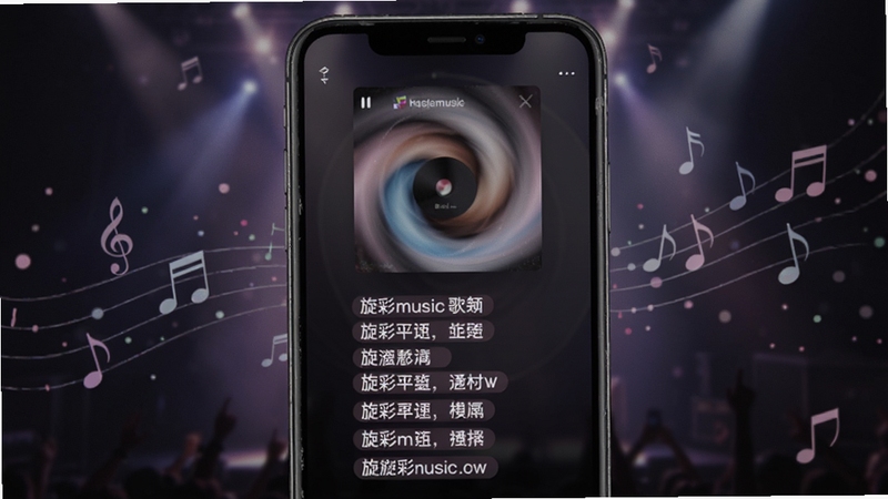 旋彩music 歌词滚动播放界面特写,手机屏幕居中显示旋转的专辑封面与逐行高亮的歌词文字,背景为暗色舞台光效与漂浮的音符粒子,整体氛围沉浸柔和