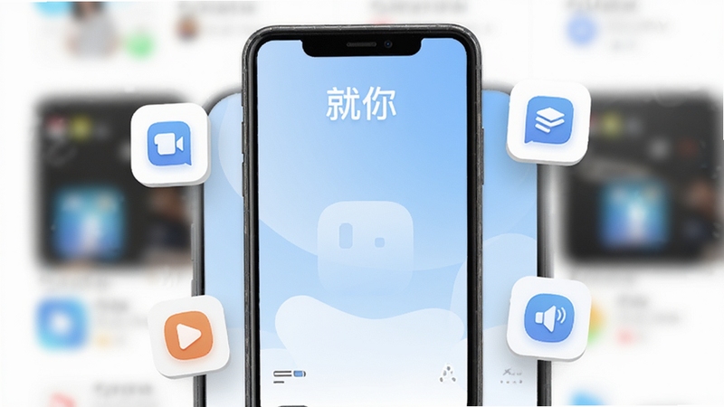 一张展示就你软件主界面的手机屏幕渲染图,画面中央是简洁清爽的应用首页,顶部显示软件名称“就你”,背景为柔和的浅蓝色渐变,周围点缀几个功能图标悬浮,整体风格现代扁平化,适合应用商店展示