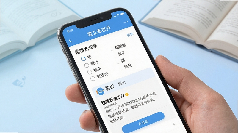 学立升应用内题库练习界面特写,画面中央为手机屏幕显示选择题与解析区域,背景为柔和浅蓝渐变与书本元素点缀,突出答题反馈与错题记录功能,整体干净清晰