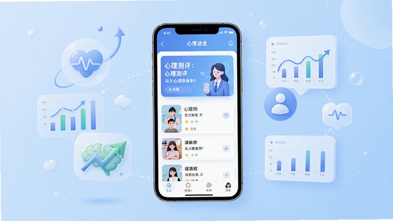 高途心理应用主界面全景展示,画面中央为手机屏幕显示心理测评与课程列表模块,背景为浅蓝色渐变柔和色调,周围点缀抽象心理健康符号与数据图表元素,整体风格清新专业,适配Boogu模型生成