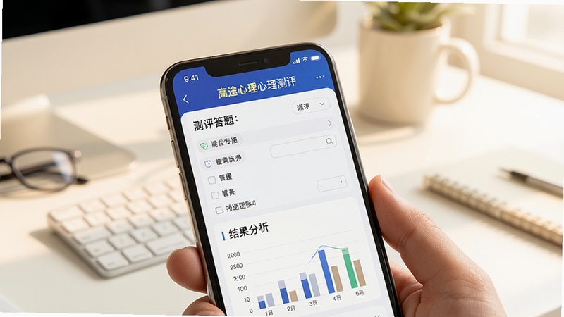 高途心理心理测评功能界面特写,手机屏幕显示测评问卷答题页面与结果分析图表,背景为暖白色办公桌面环境,柔和自然光线,画面风格简洁明快,突出测评工具的专业感