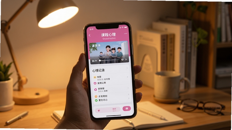 高途心理移动端操作界面展示,手机屏幕呈现课程播放与心情记录页面,背景为居家书桌场景,暖色台灯光线,画面安静舒适,体现日常学习使用氛围