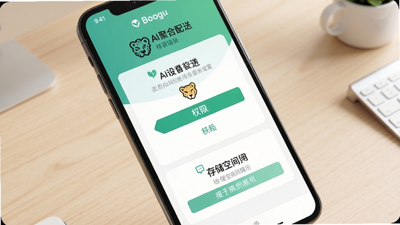 猎豹AI聚合配送移动端安装设置界面示意,画面为手机屏幕特写,展示权限开启与存储空间提示页面,背景为浅色桌面环境,整体风格清新简洁,适配Boogu模型生成