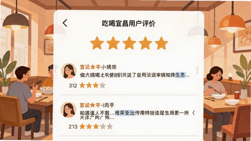 吃喝宜昌用户评价页面截图风格插画,展示五星评分与真实点评内容,背景为温馨餐厅环境,扁平化设计,明亮配色
