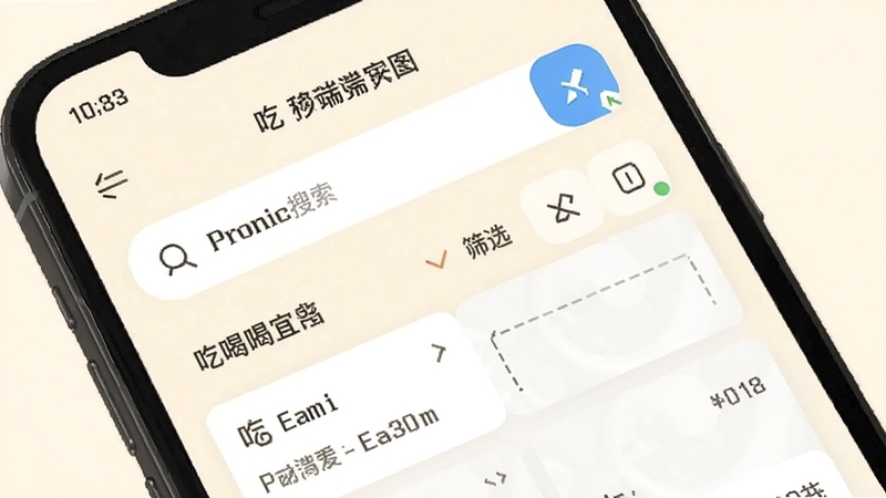 吃喝宜昌移动端操作界面示意图,展示搜索框与筛选功能,手机屏幕特写,简洁UI风格,浅色背景