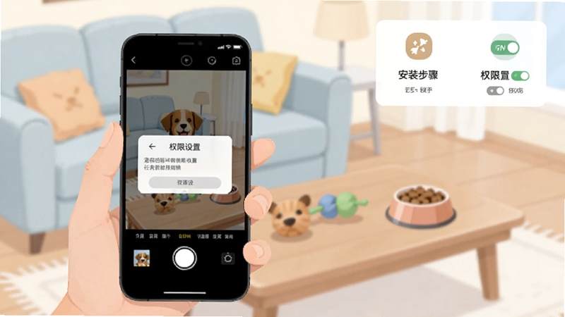 宠拍档移动端操作场景示意图,画面展示一只手握持手机,屏幕中为宠拍档拍摄界面与权限设置弹窗,背景为居家客厅环境,桌面上有宠物玩具与食盆,画面右上角以简洁图标形式呈现安装步骤与权限开关,整体风格为扁平化生活场景插画,色调柔和