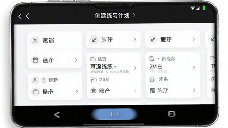 萧遥练记软件界面中创建练习计划的手机截图,简洁白色背景,顶部标题栏,中间卡片式项目列表,底部悬浮添加按钮,扁平化设计风格