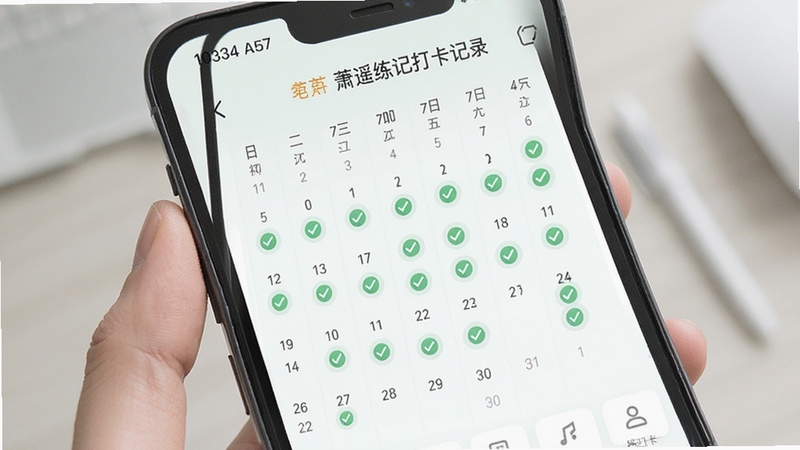 萧遥练记打卡记录页面展示,手机屏幕内显示日历视图与每日完成标记,绿色对勾图标,浅色背景,清爽UI风格