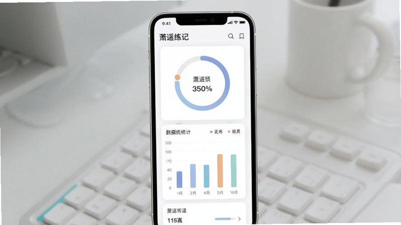 萧遥练记数据统计页面预览图,手机界面展示环形进度图与柱状图,配色柔和,数据卡片排列整齐,现代简约风格