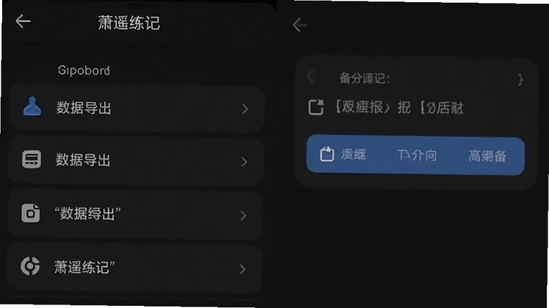 萧遥练记设置页面截图,展示数据导出与备份选项,手机界面深色模式,列表式布局,图标简洁