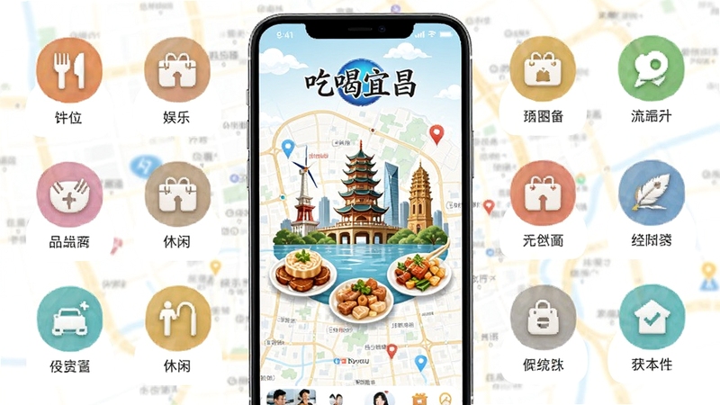 一款名为吃喝宜昌的手机应用界面展示,画面中央是宜昌城市地标与美食图标融合的首页,背景为浅色系城市地图,周围环绕餐饮、娱乐、休闲等分类入口,整体风格清新明亮,适配Boogu模型生成