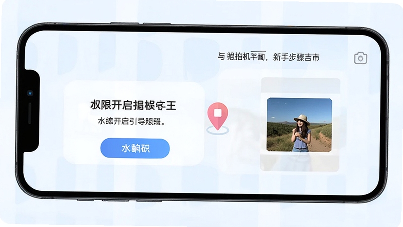 水印相机打卡王新手操作引导界面,手机屏幕展示权限开启提示与拍照步骤示意,画面包含相机图标、定位图标与照片预览元素,背景为简洁的浅蓝白色调,整体风格清晰友好,便于新手理解操作流程