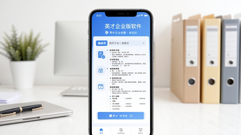 英才企业版软件启动界面,手机屏幕居中展示蓝色调简历编辑主页,背景为简洁的办公桌与文件夹元素,画面明亮清晰