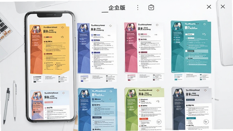 英才企业版模板选择页面,手机界面展示多款彩色简历模板缩略图,背景为浅灰色工作台,画面干净整洁