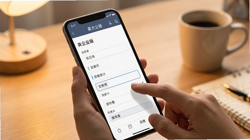 英才企业版移动端编辑简历的操作场景,手机屏幕显示分段填写表单,手指正在点击输入框,背景为柔和暖色调桌面