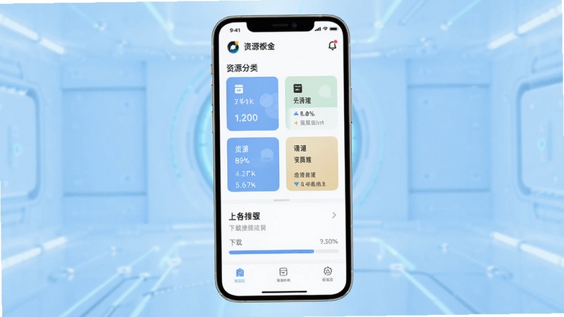 资源振金软件主界面全貌展示,手机屏幕居中放置于画面中央,背景为浅蓝色渐变科技感空间,界面显示资源分类卡片与下载进度条,整体风格清爽简约,适配Boogu模型生成