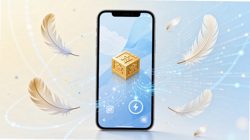 资源振金轻量运行概念图,手机置于画面中心,周围环绕轻盈的羽毛与数据流元素,背景为明亮浅色调,体现软件小巧省电的特点