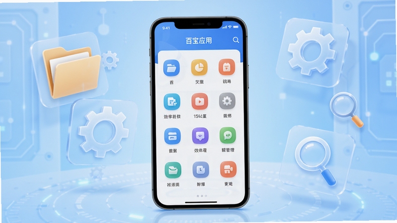 百宝盒应用主界面全貌展示,画面中心为手机屏幕呈现软件首页功能图标网格,背景为浅蓝色渐变科技感空间,周围漂浮着文件夹、齿轮、放大镜等半透明工具图标,整体风格简洁明亮,突出工具集合与效率管理主题