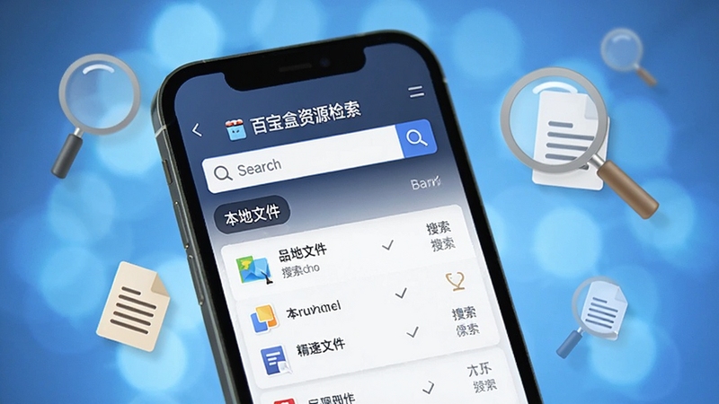 百宝盒资源检索界面,手机屏幕显示搜索框与本地文件搜索结果列表,背景为淡蓝色虚化光晕,画面中漂浮着放大镜与文档图标,整体传达快速查找与精准定位的功能印象