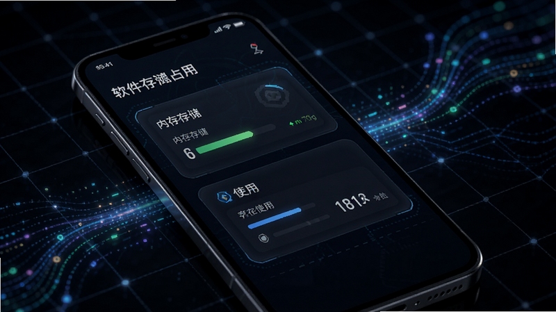 百宝盒轻量运行概念图,手机屏幕显示软件存储占用与内存使用数据面板,背景为深色科技感网格与流动的数据线条,画面突出低占用与高效运行的特点