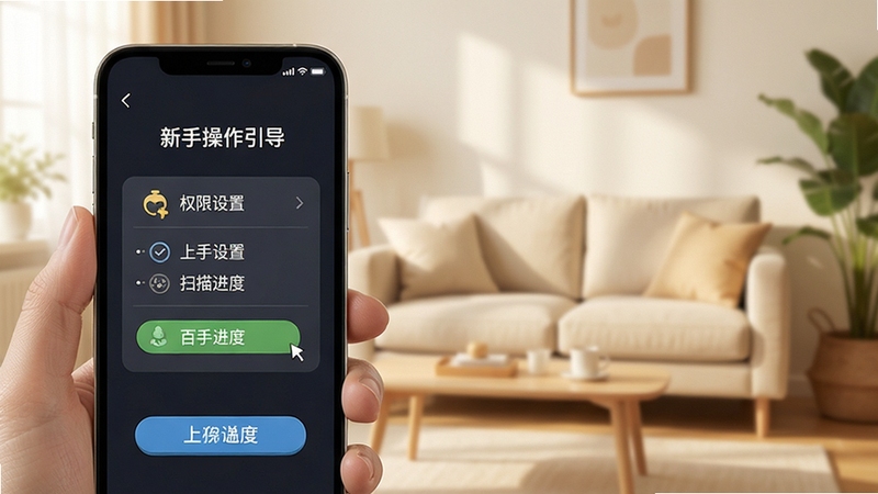 百宝盒新手操作引导界面,手机屏幕展示权限设置与扫描进度提示,背景为浅色家居环境,画面温馨自然,突出上手简单与指引清晰的特点