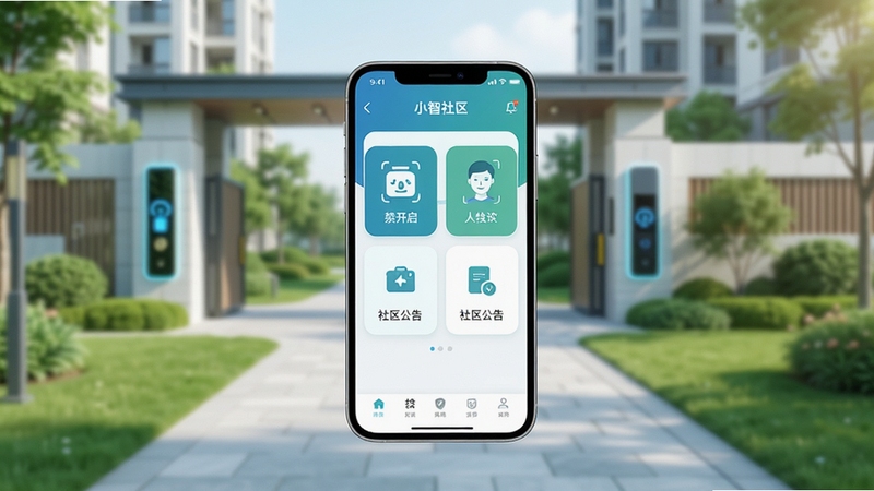 整体画面采用现代简约的智慧社区场景,坐标中心放置一部智能手机,屏幕上显示小智社区应用主界面,包含门禁开启、人脸识别、社区公告等模块图标;背景区域为整洁明亮的住宅小区入口与绿化步道,色调以清新蓝绿为主,光线柔和自然,突出科技感与生活气息,画面细节清晰,适合应用介绍配图