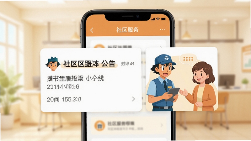 画面展示小智社区应用内的社区公告列表页面,坐标中心为手机屏幕上的公告卡片,卡片包含标题与时间信息,旁边配有物业工作人员与住户友好沟通的插画元素;背景为浅色社区服务大厅虚化场景,整体色调温暖明快,突出信息传达与沟通氛围