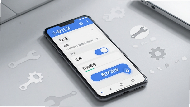 画面呈现一部安卓手机放置在桌面上,屏幕显示小智社区应用设置与权限管理界面,旁边有扳手、齿轮等简洁工具图标作为点缀,坐标中心突出权限开关与缓存清理按钮;背景为浅灰色桌面与柔和光影,整体风格干净利落,突出“问题排查与优化”的主题