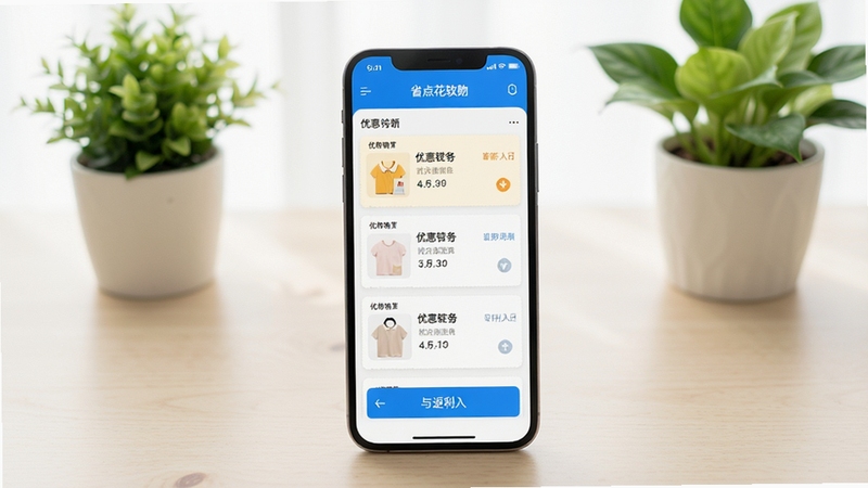 省点花软件主界面全貌展示,画面主体位于正中央,手机屏幕呈现优惠券列表与返利入口,背景为浅色桌面与绿植点缀,整体风格清爽明亮,突出购物省钱主题