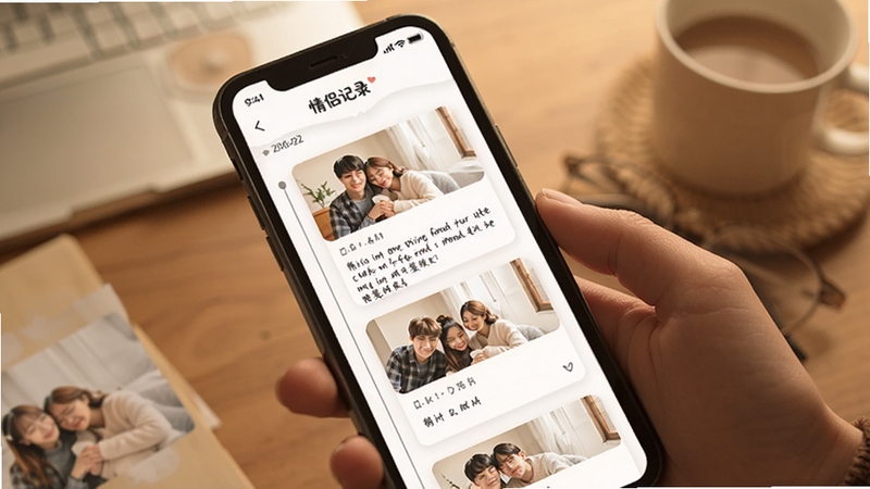 情侣记录日常记录页面展示,手机屏幕呈现时间轴形式的图文日记卡片,卡片上有手写风格文字与情侣合照缩略图,背景为暖色调桌面,画面柔和温馨,体现软件名称情侣记录