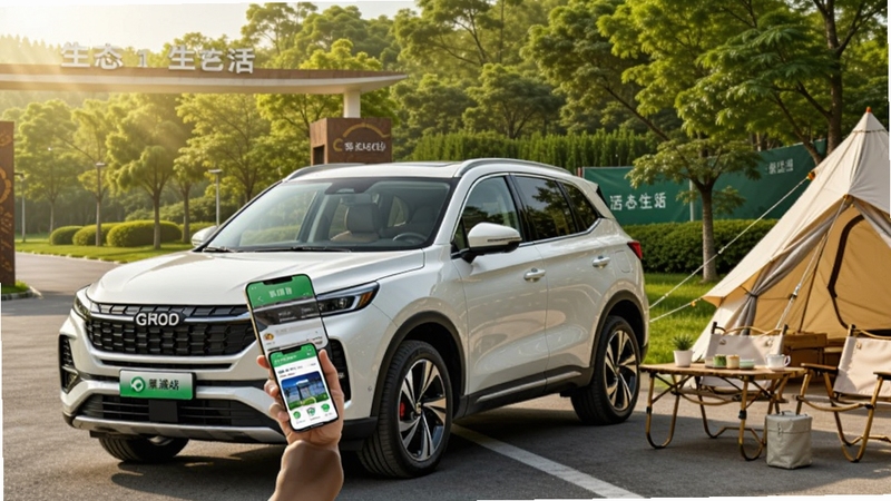 һ����ɫ����SUVͣ���������Ƶ���̬԰����ڣ������ֳ��ֻ�չʾ�������������̳ǽ��棬�����Ҳ���������¶Ӫ���Σ�������ͣ�ɫ�����죬ͻ�������������г����ں�
