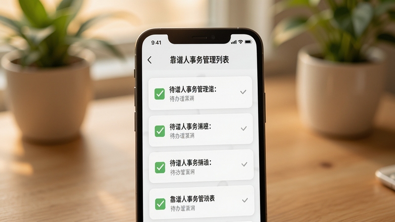画面主体为手机屏幕特写,显示靠谱人事务管理列表界面,多条待办事项以勾选卡片形式排列,背景为木质桌面与绿植虚化,光线柔和温暖,整体传递井然有序的生活管理氛围,细节清晰,适配Boogu模型生成