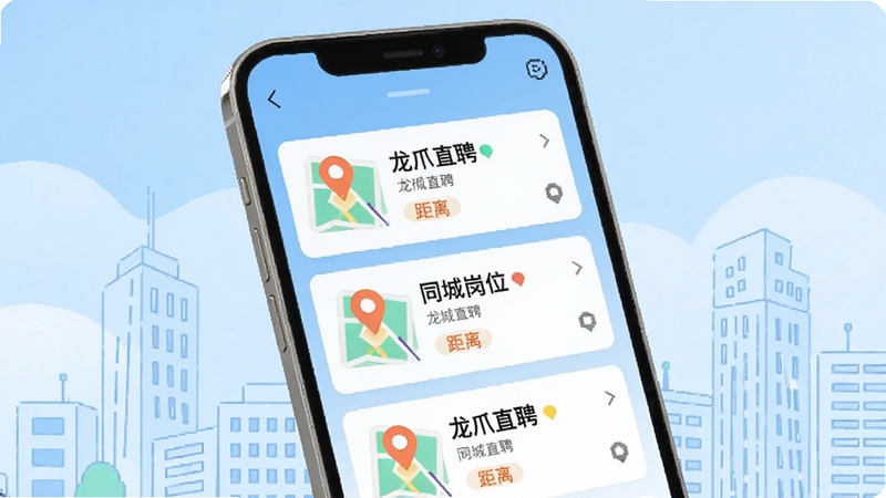 画面主体为手机屏幕中呈现龙爪直聘的同城岗位卡片流,卡片上带有地图定位图标与距离标识,背景为浅蓝色渐变与城市街区线条插画,风格扁平化,色彩明快,细节精致,适合Boogu模型生成