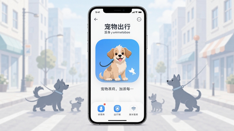 派到宠物出行应用主界面展示,手机屏幕居中构图,背景为浅色城市街道与宠物剪影元素,画面干净明亮,突出宠物出行服务主题,整体风格简洁现代