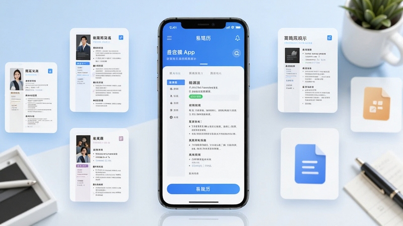 软件核心全貌展示,画面中央是一部智能手机屏幕显示易简历APP的简历编辑界面,周围环绕着简历模板卡片和文档图标,背景为浅蓝色渐变办公桌场景,整体风格简洁明快,突出移动端简历制作的便捷性