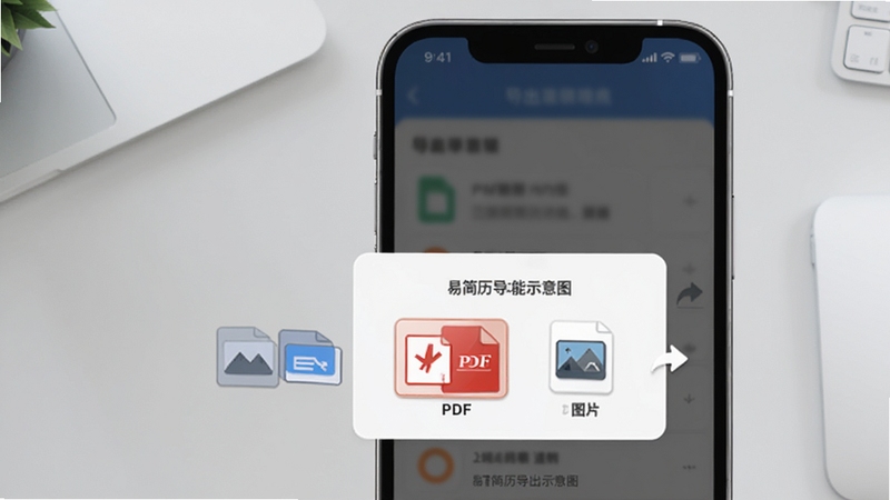 易简历导出功能示意图,手机屏幕显示导出格式选择弹窗,有PDF和图片两个选项,旁边有文件图标和分享箭头元素,背景为浅灰色办公桌面,风格干净利落