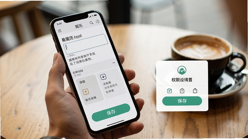易简历移动端操作场景图,一只手握着手机正在编辑简历,屏幕显示文字输入和模块拖拽操作,旁边有保存按钮和权限设置图标浮层,背景为咖啡厅桌面环境,氛围轻松自然