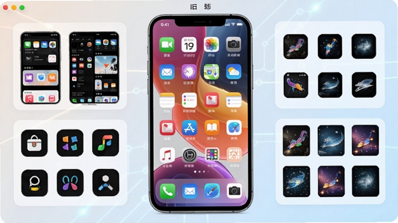 万能主题组件软件主界面全貌展示,画面中央是手机桌面预览效果,周围环绕主题模板、小组件图标与壁纸缩略图,背景为浅色渐变科技感风格,整体布局清晰明亮,突出桌面美化工具的核心定位