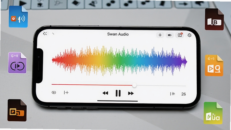 Swan Audio软件播放界面特写,手机横屏展示彩色音频波形与播放进度条,界面干净明亮,周围环绕多种音频格式图标,背景为浅灰色工作台质感,风格简洁专业,突出音频解析与播放功能