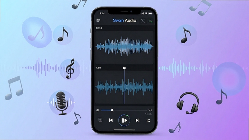 整体画面以一款名为Swan Audio的移动端音频软件为核心,画面中心是一部竖屏手机,屏幕内展示音频波形编辑界面与播放控制条,手机左右两侧漂浮着音符、声波环、麦克风与耳机图标,背景为浅蓝到深紫的柔和渐变,光线干净通透,构图居中对称,风格为现代科技感UI展示图,细节清晰,适合软件下载站头图使用
