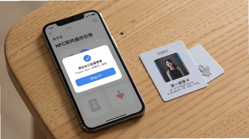 手机门禁卡NFC软件操作引导页面,界面展示分步确认弹窗与安全提示文字,手机放置在木质桌面上,旁边有一张门禁卡,整体风格清爽简约