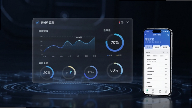 画面为深色科技感背景,中央是一块悬浮的半透明数据面板,面板上绘制折线图与环形进度条,面板右侧放置一部手机,手机屏幕显示慧联云控状态监测页面,整体光影柔和,突出实时监测与数据可视化的氛围