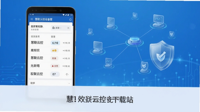 整体画面采用科技蓝渐变背景,中央偏左位置放置一部竖屏安卓手机,屏幕内展示慧联云控设备管理列表界面,右侧漂浮半透明的设备节点连线图形与盾牌安全标识,画面下方留出浅色区域用于文字排版,整体风格简洁现代,适合软件下载站配图