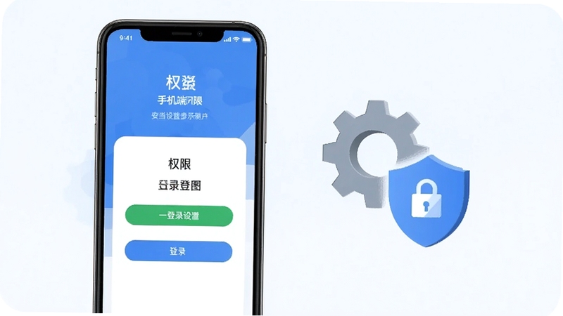 灵当CRM手机端安装设置步骤示意图,画面主体为手机屏幕展示权限开启与登录界面,旁边配以齿轮与盾牌图标象征设置与安全,背景为浅色简约风格,适配Boogu模型生成