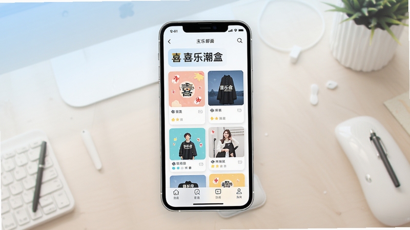 喜乐潮盒应用主界面全貌展示,画面中央为手机屏幕内的软件首页布局,包含顶部导航栏与内容卡片区域,背景为浅色渐变桌面环境,整体风格清爽简洁,突出喜乐潮盒软件名称标识
